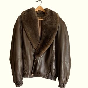 Vintage Brown Rademakers Custom Men’s Muskrat Fur Collar Leather Bomber Jacket